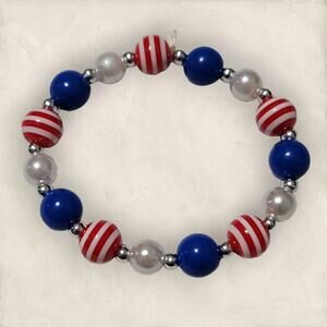 Blue White and Red Beaded Stretch Bracelet